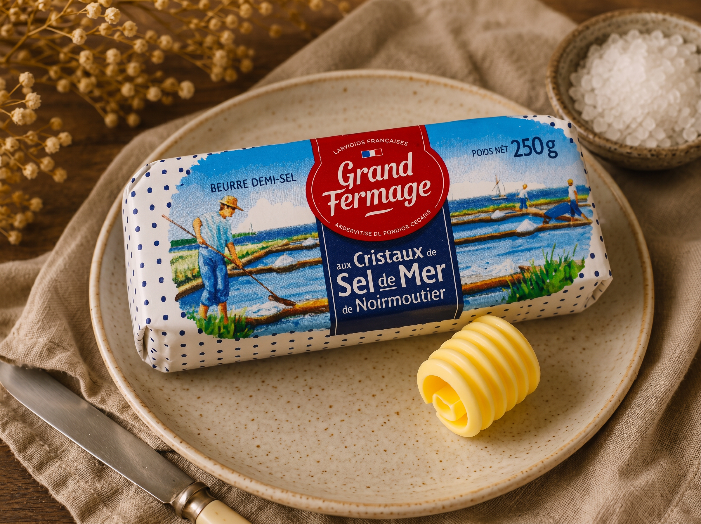 Grand Fermage Demi-Sel butter on a ceramic plate with sea-salt crystals