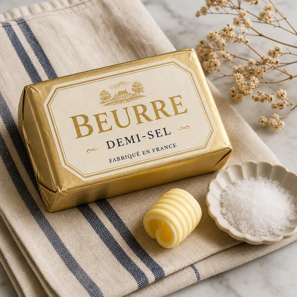 A block of Beurre Demi-Sel wrapped in gold with coarse sea salt