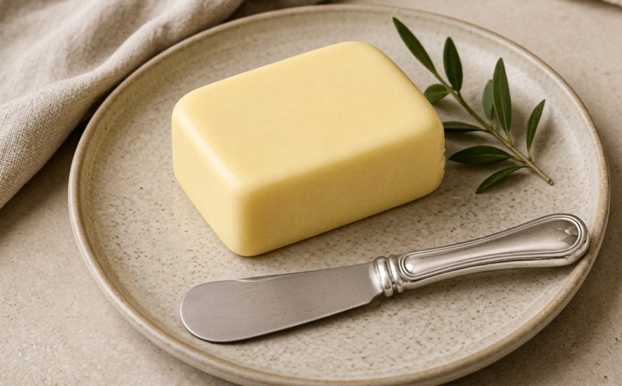 Unwrapped butter with a tasting knife on a ceramic plate